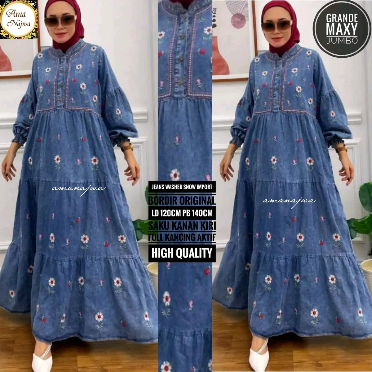 Gamis Jeans Wanita Super Jumbo LD 120-140 Dress Muslim Maxi Motif Bunga