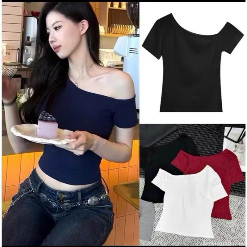 Áo thun nữ tay ngắn CỔ TRỄ VAI BASIC phong cách Hàn Quốc - Trễ 1 bên