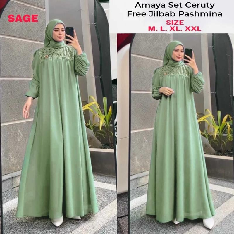Gamis AMAYA SET JILBAB Dress Remaja Kekinian Maxi Dres Ceruty Mix Brukat Spangle Payet Import Dress Pesta Termurah Kerja Muslim Wanita Kondangan Lebaran Mewah 1