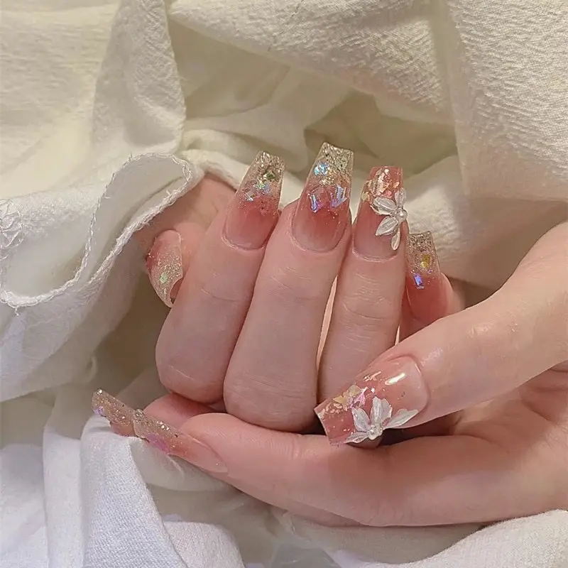 B735 kuku palsu pendek fake nails pendek bunga warna soft simple elegan 1