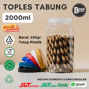 (ISI 6 PCS) Toples Tabung Bulat Plastik Bening 2000ml PET Ekonomis (TUTUP PLASTIK) | Food Grade Tutup Warna