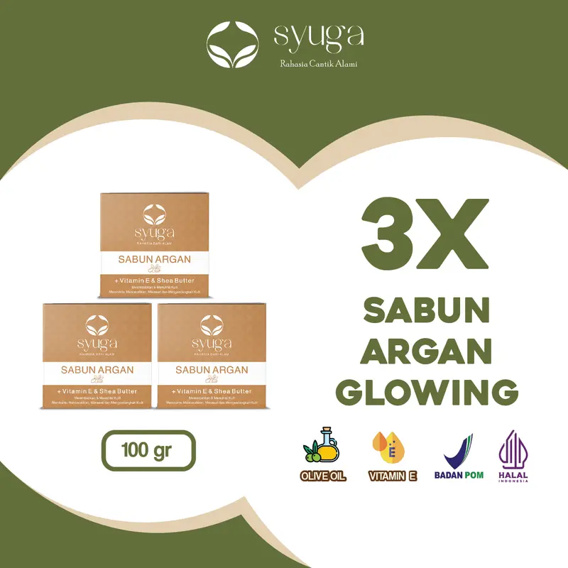 Paket Triple Pack (3pcs) Syuga Sabun Zaitun, Argan, Jojoba, VCO 100gr Soap with Vitamin E (Sabun Mandi Pencerah dan Perawatan yang Membantu Menghilangkan Jerawat Punggung) 1