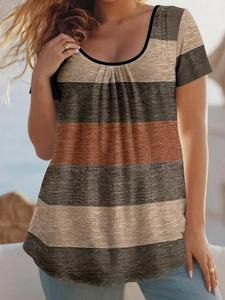 Top elegante de mujer talla grande con manga corta y diseño patchwork en bloques de color, moda primavera/verano/otoño, diseño plisado frontal, ropa casual