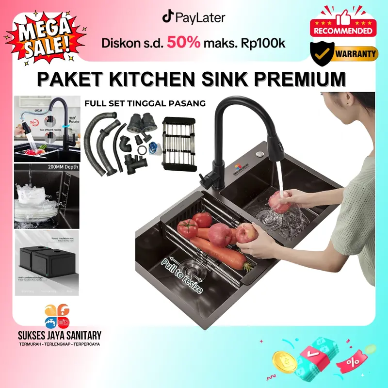 Wastafel Cuci Piring Kitchen Sink Bak Dapur Paket Super Komplit Full Hitam Satu Lubang Stainless Sus 304 Dijamin Anti Karat Kran Set Baja Black 0