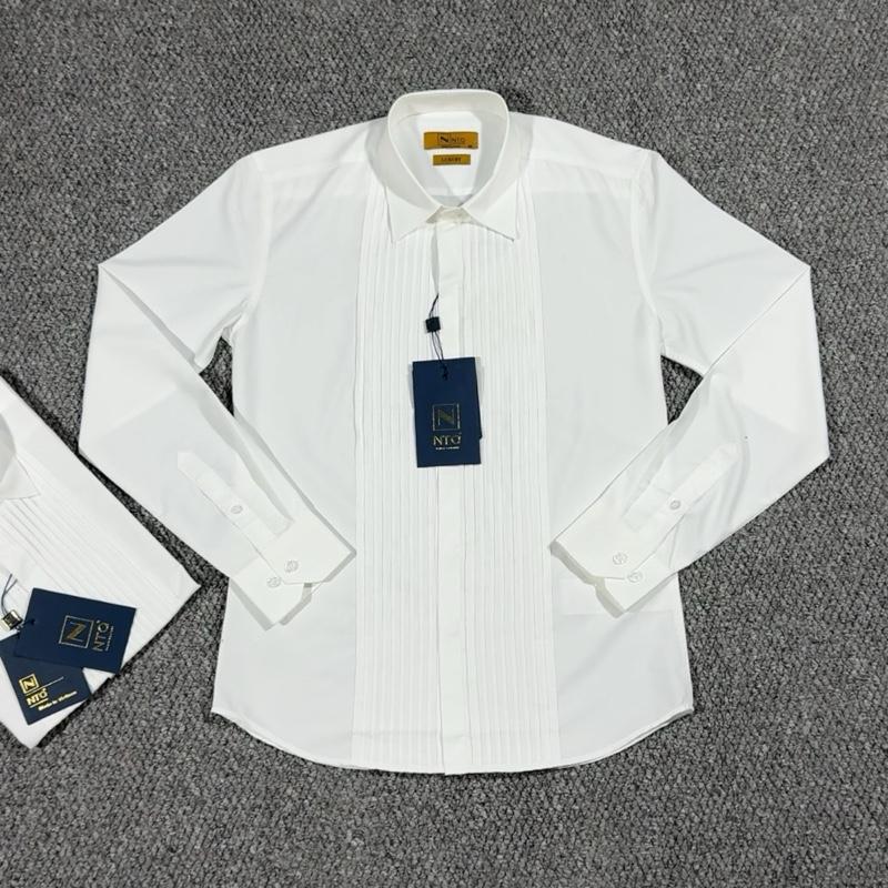 Áo Sơ Mi Nam Lụa Trắng Hoạ Tiết Xếp Ly Ong Shirt Kem Cổ Tròn Menswear Kate
