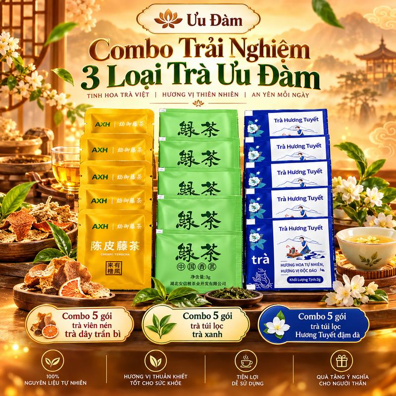 Combo 3 Loại Trà Ưu Đàm 15 Gói 60g – Trà Hương Tuyết, Trà Xanh Túi Lọc, Trà Dây Trần Bì Viên Nén, Trà Thảo Mộc Pha Chế Đồ Uống Dưỡng Sinh