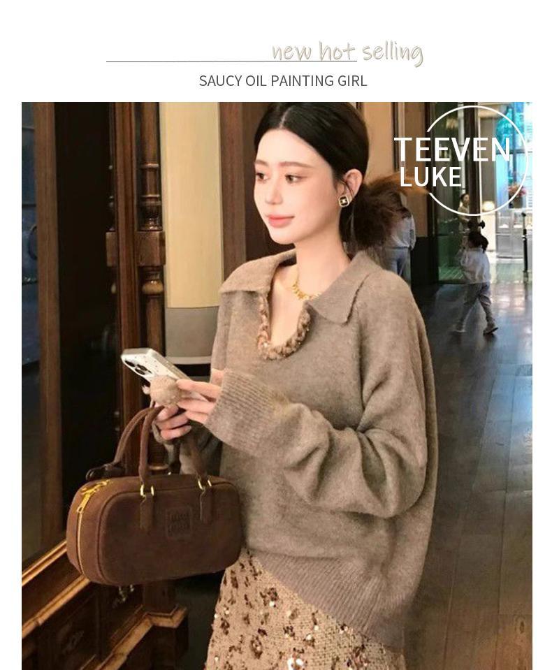 Product Introduction of Áo Len Dệt Kim, Phong Cách Cổ Điển Dệt Ve Áo, Dài Tay, Dành Cho Nữ, Thích Hợp Cho Mùa Đông, Áo Len Áo Chui Đầu Lười Biếng Và Rộng Vừa Vặn, Thiết Kế Độc Đáo Và Thanh Lịch, Áo Dễ Phối Đồ 2