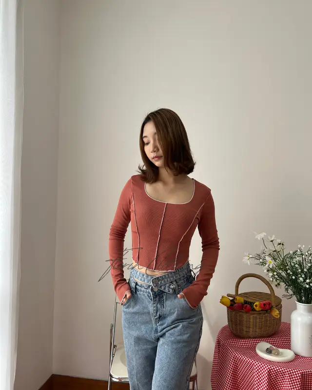 Alessa Long Sleeve Knit Premium Atasan Wanita Crop Top Long Sleeve Korean Style Rib Premium Baju Atasan Knitwear Knitwear 3