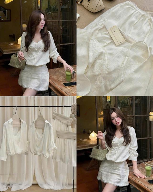 Set đũi 3 món tiểu thư chân váy ngắn phối ren dài tay top nữ women