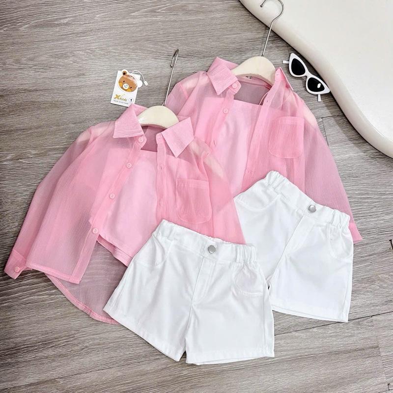 BN192 - Set 3 chi tiết bộ quần áo hai dây bún mix áo sơmi voan dài tay kèm quần short kaki cho bé gái diện mùa hè, đi biển (10-30kg) 4
