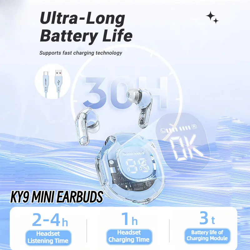 KY9 - tai nghe Bluetooth không dây mini, pha lê 7 màu, thân tròn, rõ ràng, đèn thở mát mẻ với màn hình kỹ thuật số tai  nghe Nhét Tai Nghe Nhạc 3
