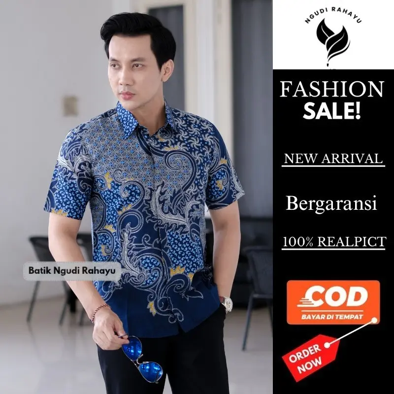 Kemeja Batik Lengan Pendek Pria Motif Tanjung Navy Slimfit Bahan Katun Primisima Full Furing - Ukuran M - Panjang, Baju Casual Hem Formal Kain Nyaman Biru Coklat Kerja Kantor