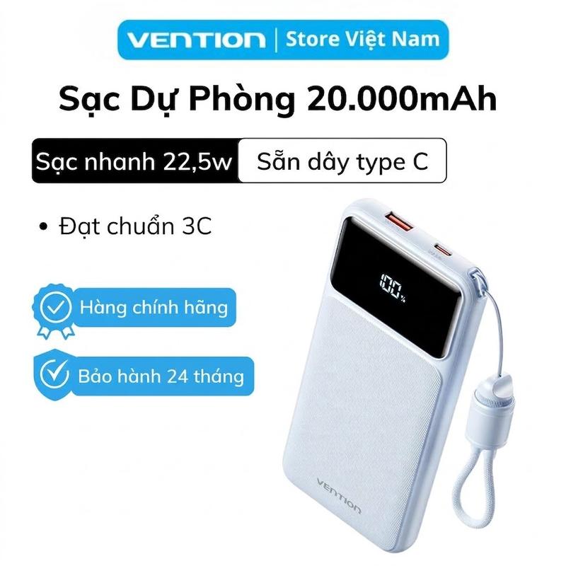 Sạc Dự Phòng 10000mAh/20000mAh Vention 22.5W 2 Cổng USB-A/C Kèm Dây Sạc Type C…
