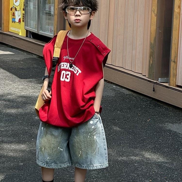 Set Bộ Áo Tanktop Đỏ Phối Quần Ngố Jean Bụi Cho Bé Trai