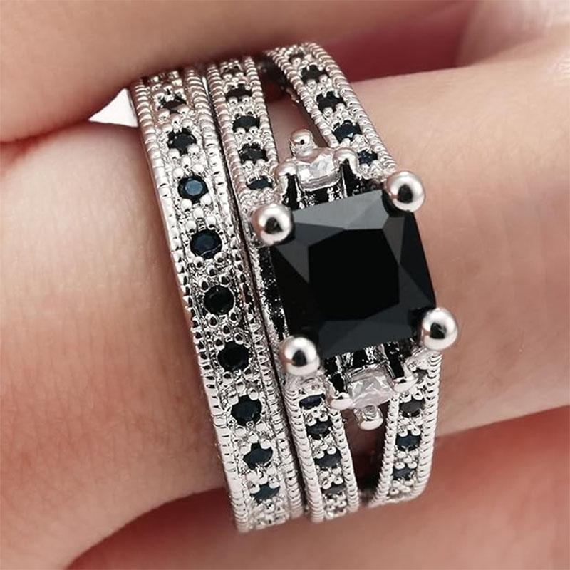 Product Introduction of Black Square Stone Ring Sets Luxury 2 Rounds Fashion Cocktail Party Rings Jewelry For Women Gifts ZYR617 1