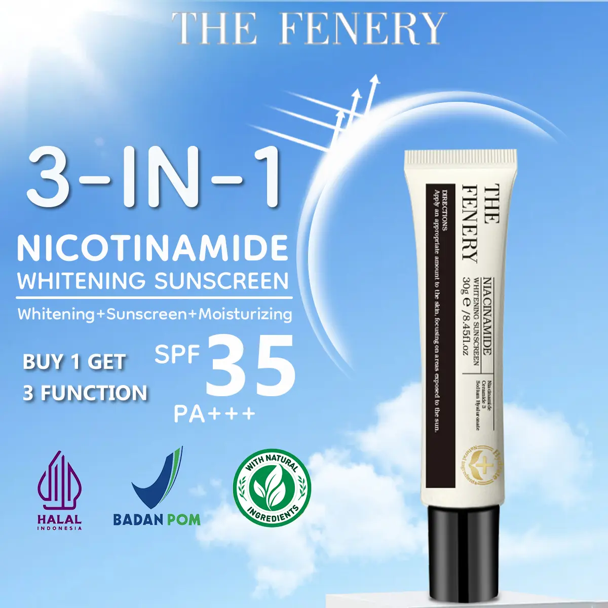 The Fenery Niacinamide Whitening Sunscreen SPF35 PA+++ 30ml | Skincare Sunscreen Sunscreen Niacinamide Serum Ceramide Suncreen Ceramide Barrier Brightening Whitening Mencerahkan Wajah Skin True to Skin Tinted Sunscreen Glowing Barrier Anti-Aging BPOM