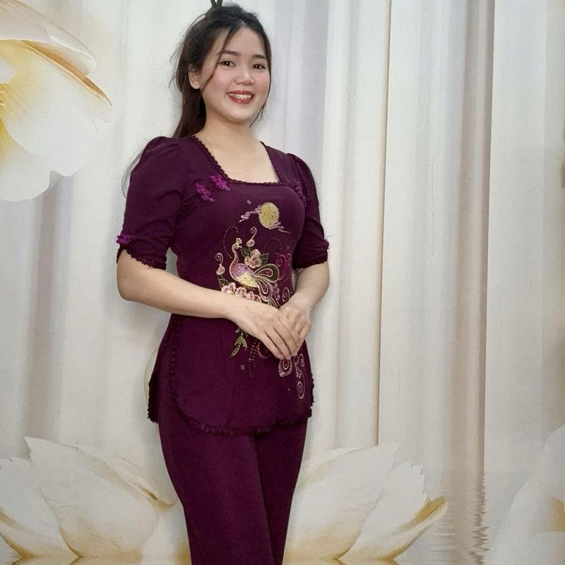 A78 Đồ bộ xẩm thêu chim công, dáng áo xẻ tà, quần ống ôm thương hiệu Hải Sơn Women