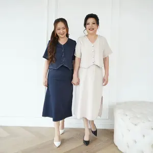 (Victoria Wear House) Paula Set Setelan Rok Midi Atasan Lengan Pendek V Neck Kancing Hidup Busui Friendly Pakaian Wanita