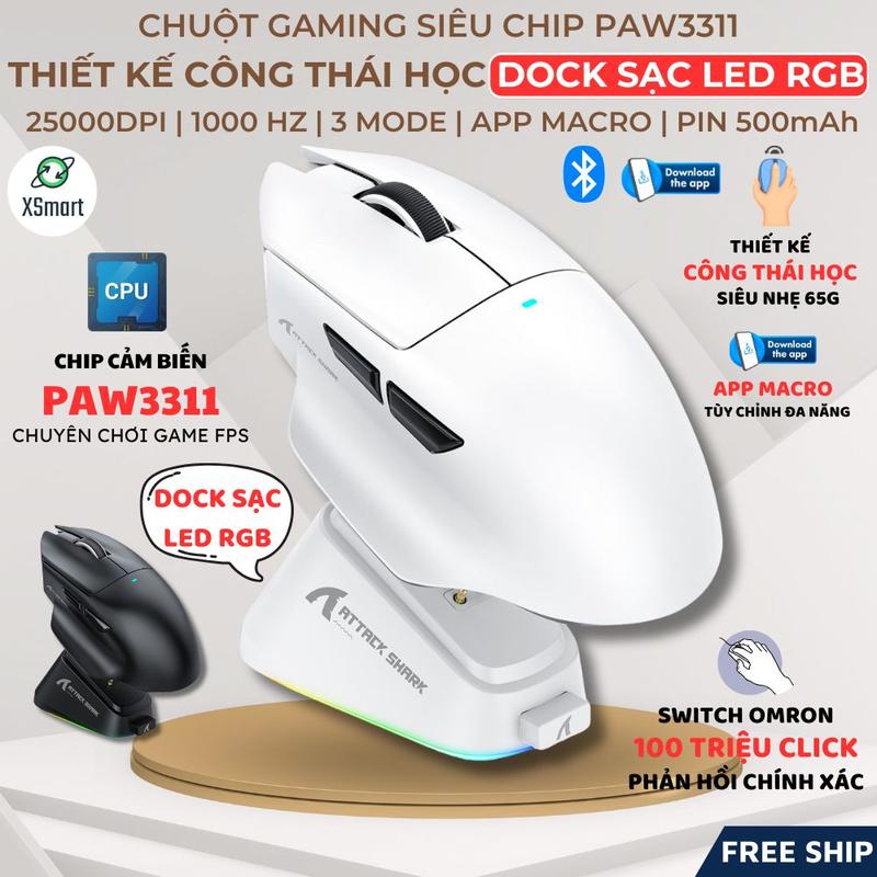 Chuột Gaming Không Dây Attack Shark V6 Dock Sạc Led RGB Cảm Biến PAW3311 1000Hz Có App Macro