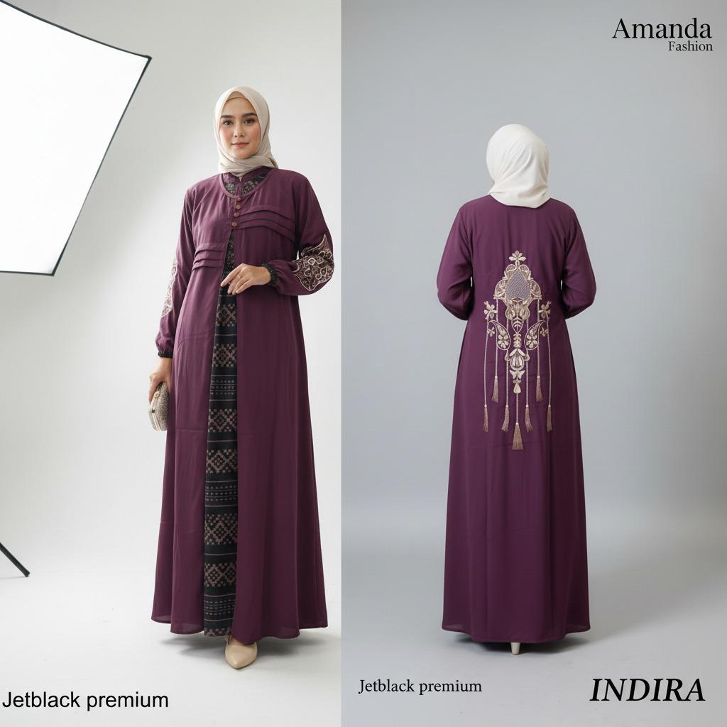 Amanda Indira Series Abaya Jetblack Bordir Mix Cosella Turkey Print (Free Pouch)