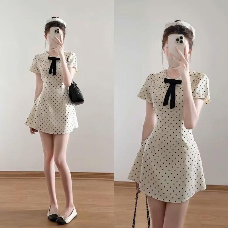 { Deal Mở Bán} Váy chấm bi cổ đính nơ chéo hàn 01