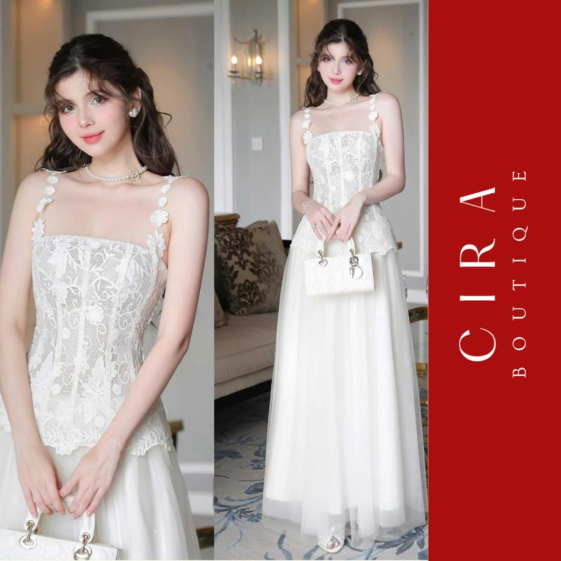  Cira Boutique Đầm 2 Dây Ren Hoa Phối Lưới Dáng Dài Bồng Bềnh Thướt Tha - Phong Cách Đi Tiệc Đi Chơi D1431 
