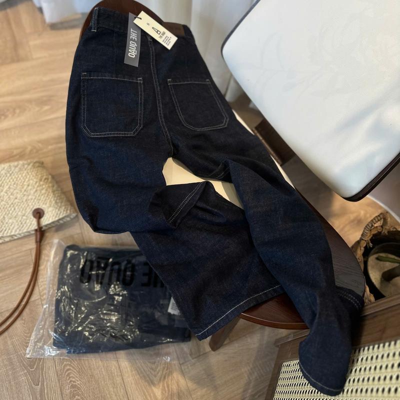 THE QUAO - Quần Jean Nữ Lưng Cao Ống Suông Rộng Màu Xanh Đen Mộc  Chất mềm RẤT MỎNG Phối Túi Vuông S2405_664