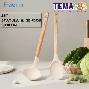 FREEMIR Set Spatula & Sendok Sutil Silikon Beige Alat Masak Anti Leleh FoodGrade Estetik Gagang Kayu