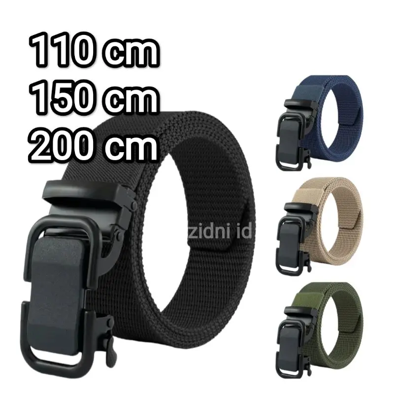 ikat pinggang pria rel otomatis sabuk jumbo big size gesper kanvas nylon full black men belt 200cm