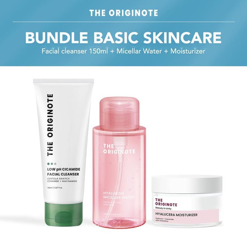 The Originote Bundle 3in1 Basic Skincare - Micellar Water + Moisturizer + Facial wash 150ml Membersihkan dan Mencerahkan Wajah Cleanser Hyalucera 0