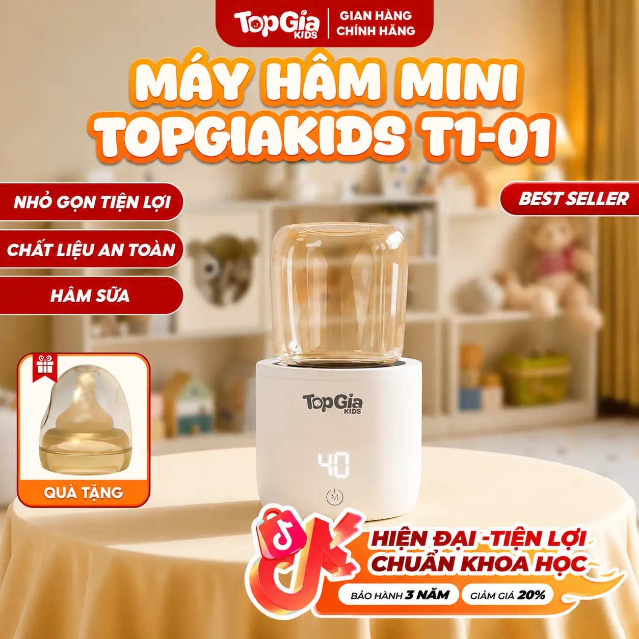 Máy Hâm Sữa Mini Cầm Tay Cao Cấp T1-01 TOPGIAKIDS, Màn Hình Led Cảm Ứng Thông Minh, Pin 5000 mAh. Bảo hành 3 năm, lỗi 1 đổi 1 trong 30 ngày (Tặng kèm 1 bình hâm sữa và 4 đầu chuyển đổi cổ bình)(289)