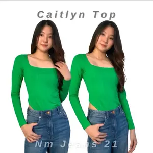 Caitlyn Top Bodysuit Wanita Atasan Wanita Bodysuit Basic Lengan Panjang Leher Bulat Wanita Kaos Spandex Long Sleeve Polos