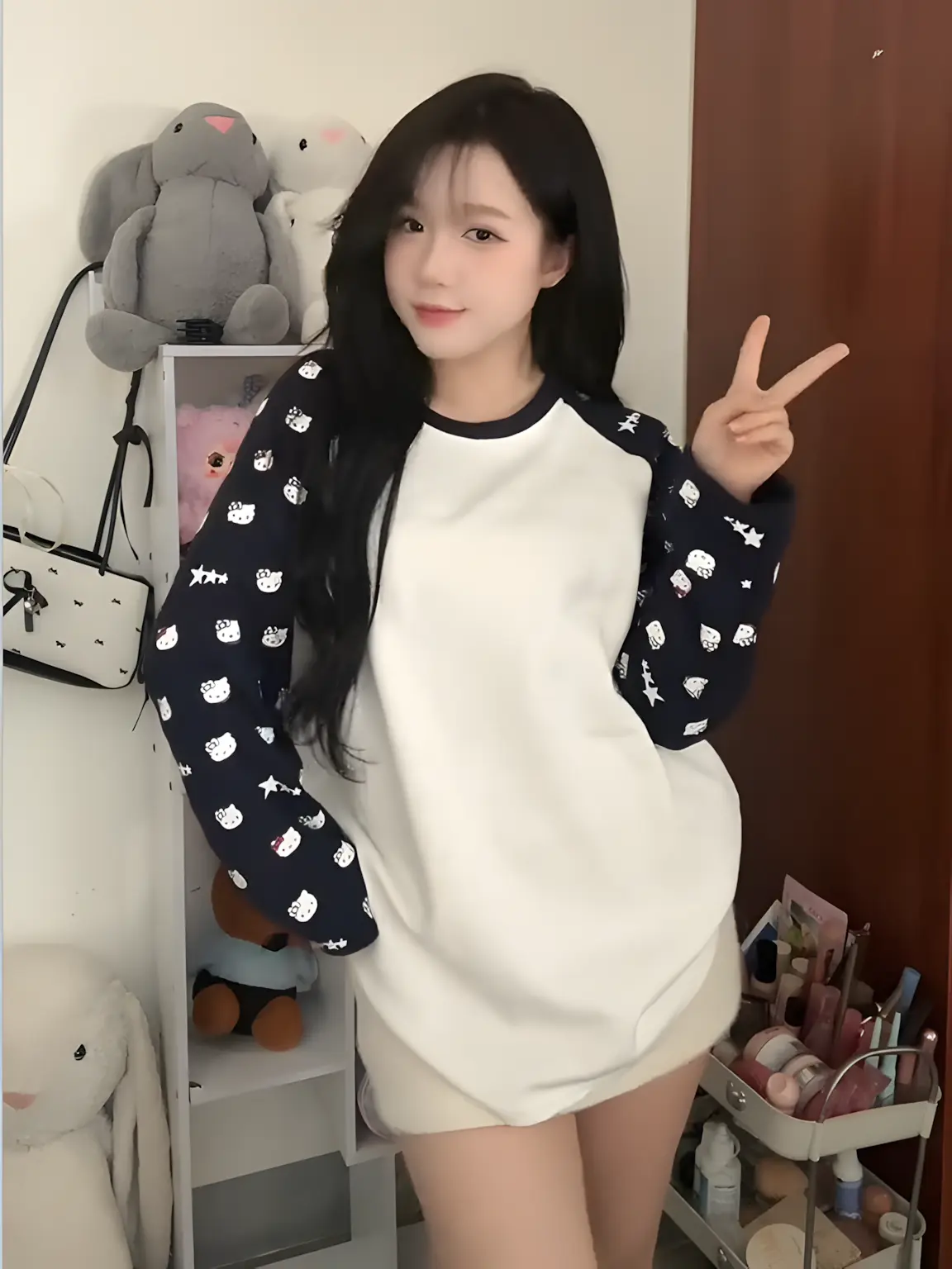 Áo Nỉ Sweater Dài Tay Phối Tay Raglan Hoạ Tiết Mèo Dễ Thương Form Rộng Giấu Quần Phong Cách Hàn Quốc Đi Học Mặc Nhà Giá Rẻ Sinh Viên Xưởng May Nga Ly han2012