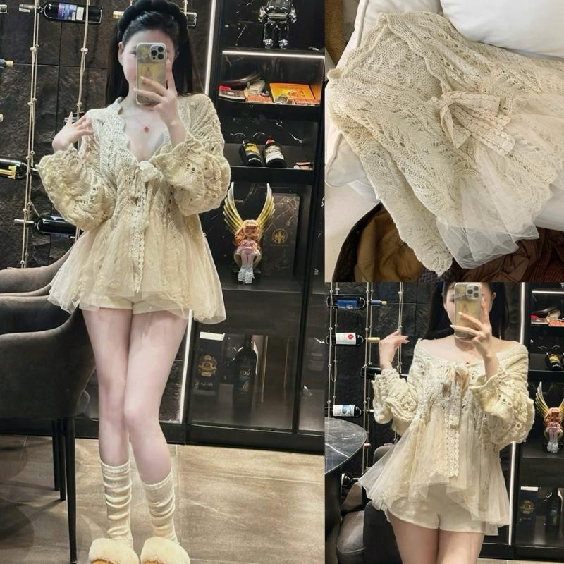    QC Chính Phẩm  Live Sao Gửi Vậy  Od 1-2w   Áo Len Ren Pha Lưới Kín Kín Hở Hở Cổ Tim Buộc Nơ Blink Nhẹ Cho Nữ Thu Đông By DiepGz91225 