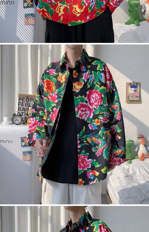 Product Introduction of Men's and Women's Neutral Chinese Style Northeast Big Flower Short-Sleeved Shirt Shirt Coat Ethnic Style Ancient Chinese Clothing Team Uniform 1