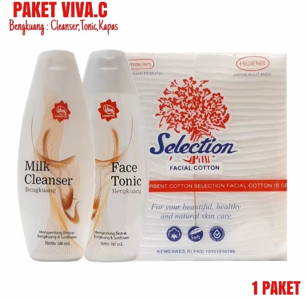 (ISI 3) PAKET HEMAT VIVA COSMETIC MILK CLEANSER + FACE TONIC + KAPAS - PEMBERSIH WAJAH VIVA