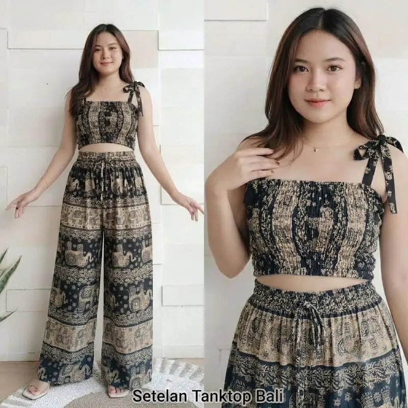 One Set Tanktop & Celana Kulot Panjang Motif Gajah Thailand Rayon Adem variasi 9