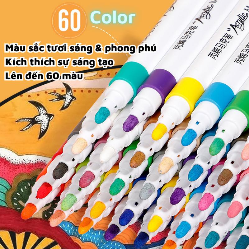 Hộp 60 Bút Màu Acrylic Marker Cao Cấp, Màu Sắc Tươi Sáng, Bộ Cọ Vẽ Trên Mọi Chất Liệu Bề Mặt