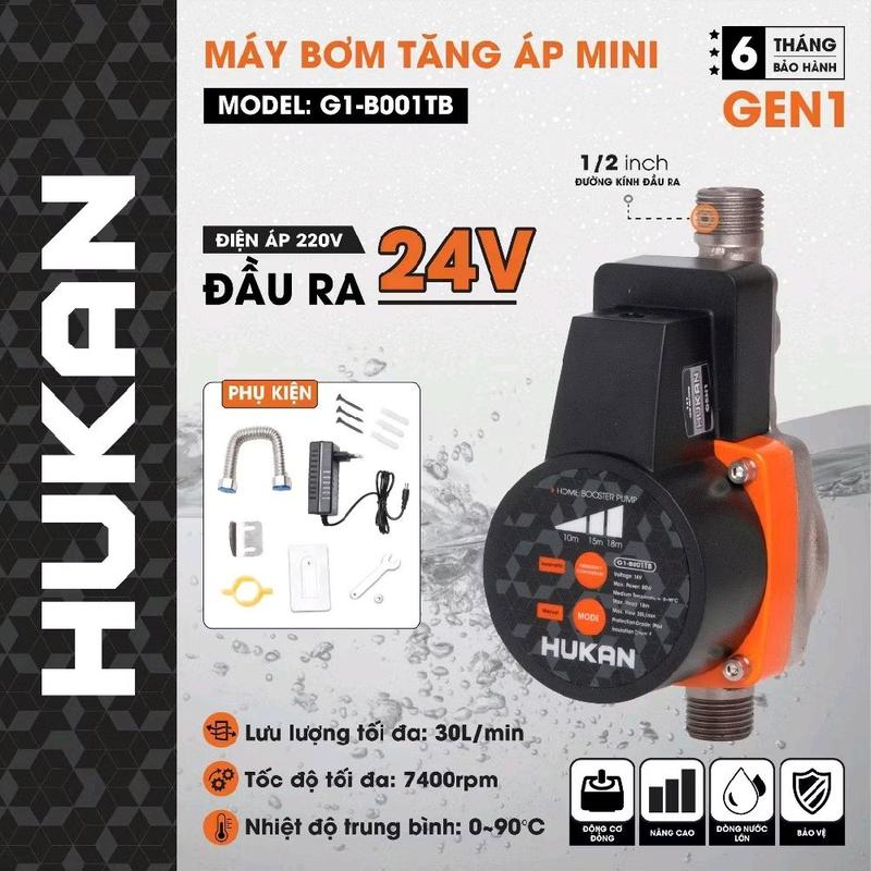 Máy bơm tăng áp mini HUKAN G1-B001TB Công suất 80w Đầu ra 1 2 inch Lưu lượng 30L phút 3 chế độ bơm tự động tự ngắt khi dừng nước