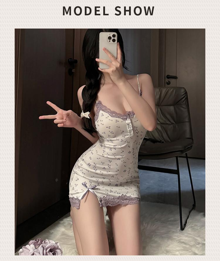 Product Introduction of A strappy sleep dress, pure and seductive lingerie, lace sleepwear, alluring and sexy strappy sleep dress for small breasts, one-piece dress. 4