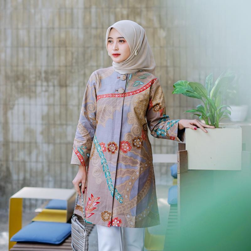 Product Introduction of Batik Trikot Tunik Batik Lapis Furing Model Lengan Panjang Kancing Aktif Motif Rinjani Warna Salem Atasan Batik Kerja Wanita Premium Bahan Katun BigSize/Jumbo 3