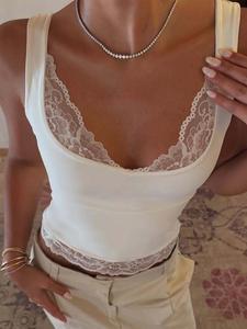 Camiseta sin mangas de cuello en V para mujer con encaje, ajustada, ideal para fiestas, club, citas, vacaciones, uso diario, camisetas cortas, moda elegante de verano para todas las estaciones.