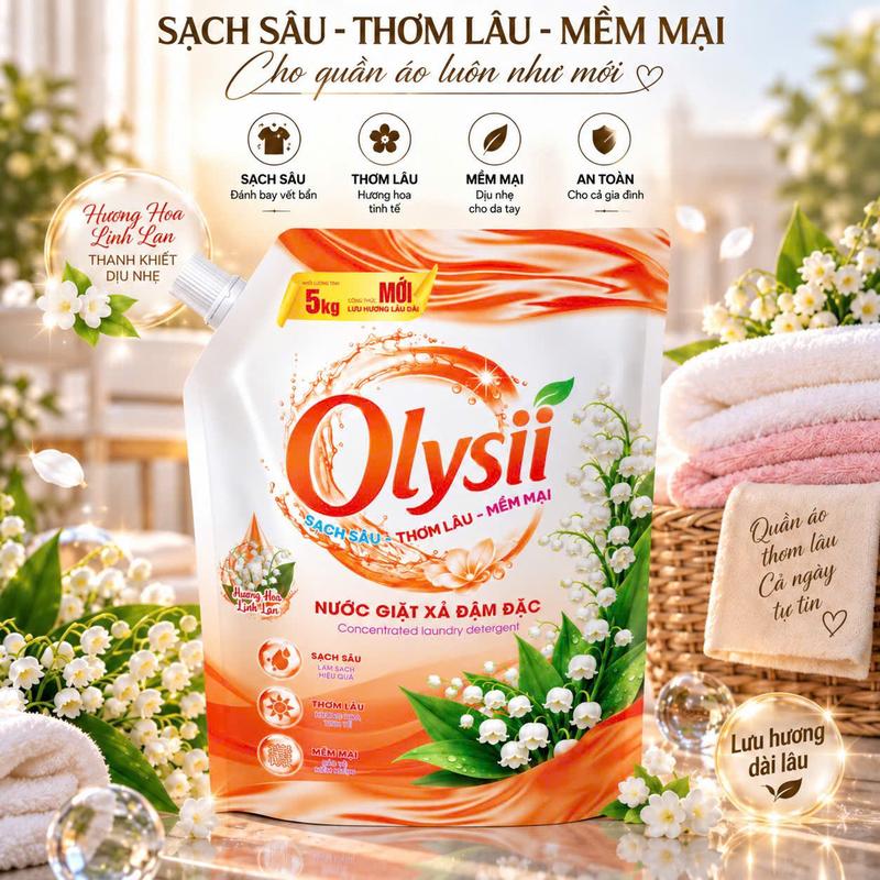 [DEAL tặng 1K] Nước Giặt Xả OLYSII TÚI 5KG Hương Hoa Linh Lan Dịu Nhẹ Làm Sạch Tốt Bền Màu Quần Áo Lưu Hương Dài Lâu