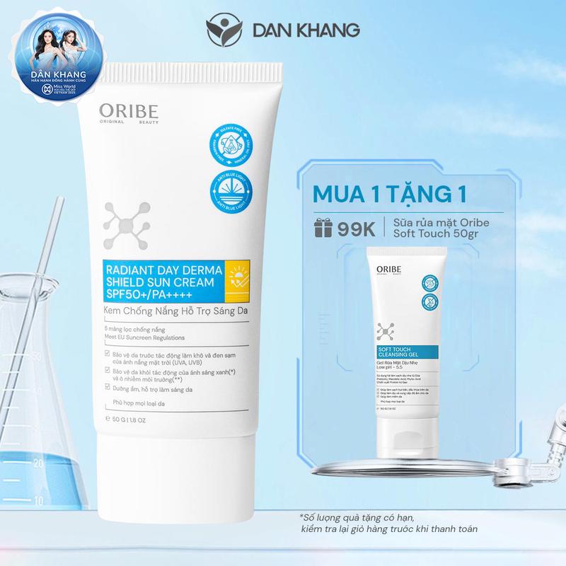 Kem chống nắng phổ rộng Oribe Radiant Day Dermashield Suncream SPF50+ PA++++ bảo vệ da khỏi tác hại của nắng ánh sáng xanh và bụi mịn PM 2.5 Tuýp 50g