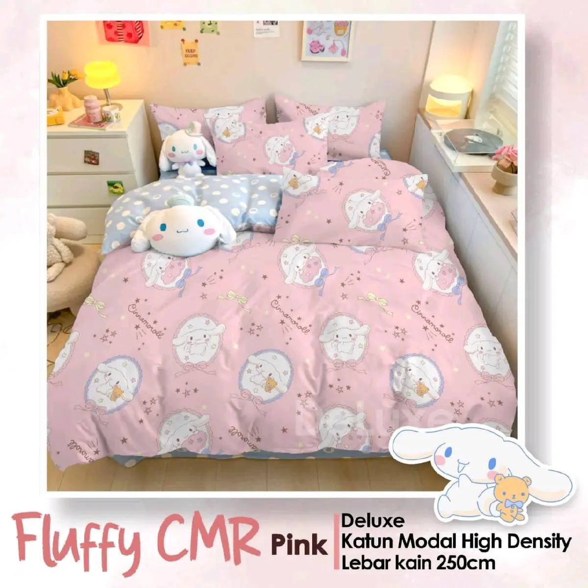Bedcover Full Set Sprei Anak Katun Lokal Beverly Adem Motif Fluffy Cinnamorol uk.90|100|120|140|160|180|200
