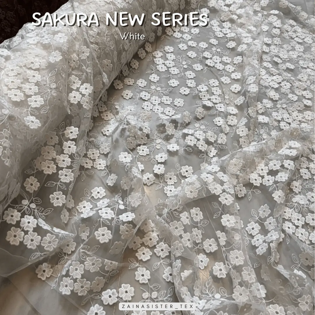 1/2 Meter Bahan Kain Brokat Tile Bordir Motif Bunga Kecil Sakura New Series Warna White Cocok untuk Seragam Bridesmaids Akad Nikah Hari Raya Outer Variasi Gamis