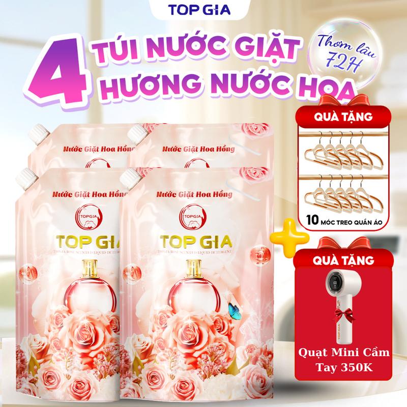 [TẶNG QUẠT + MÓC] Combo Mua 4 Túi Nước giặt xả TopGia hương Hoa Hồng Tặng 1 Quạt Mini Cầm Tay + 10 Móc treo quần áo - Nước giặt xả quần áo làm sạch, ngừa khuẩn, làm mềm vải và lưu hương dài lâu nth [SẢN XUẤT TẠI VIỆT NAM]