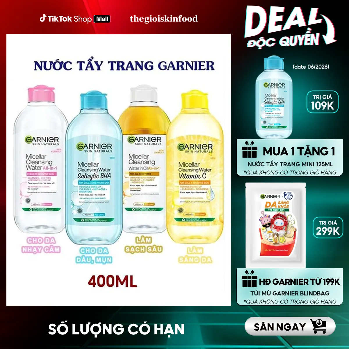 [MUA 400ML TẶNG 125ML] Nước Tẩy Trang Chiết Xuất Thiên Nhiên Garnier Micellar Cleansing Water Cosmetic Mỹ Phẩm