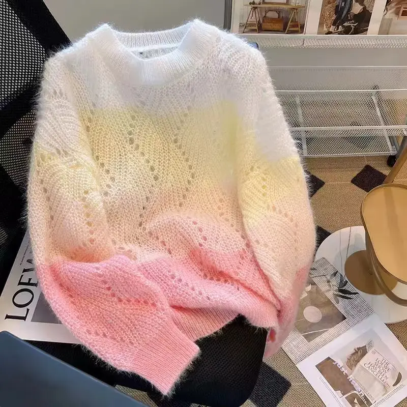 Sweater Rajut Wanita Rainbow Pelangi Lengan Panjang Pullover Leher Bulat Korea 0
