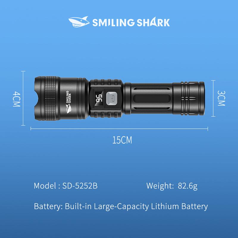 Product Introduction of 【SD-5252】Smiling Shark multifunctional flashlight, made of ABS material, featuring a built-in 400-800mAh battery, power level display, and adjustable zoom, meeting various lighting needs. 26
